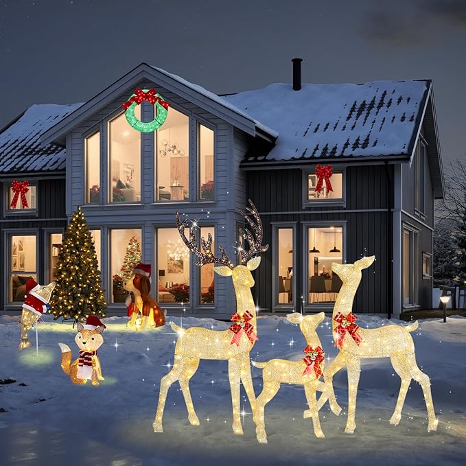 72Inch Light Up Reindeer Outdoor Christmas, 3-Piece 3D Gold Reindeer Christmas Decoration with 240 LED Warm White Lights Deer for Yard Patio Lawn Garden Party, Gold
