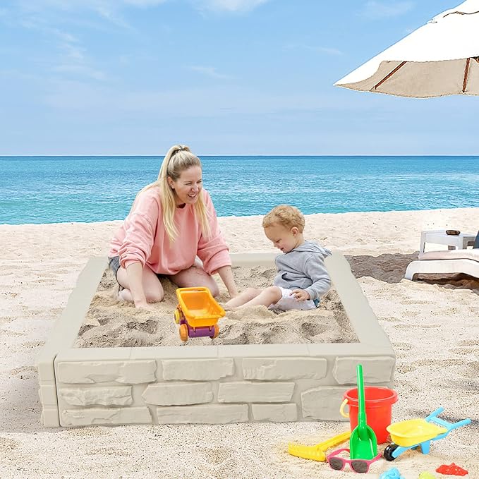 Costzon Kids Sandbox with Cover, 47x 47 HDPE Sand Box w/Oxford Cover, Bottom Liner, Reinforced Structure, Weather Resistant Outdoor Sand Pit for Backyard Lawn Garden Beach (Oxide White)