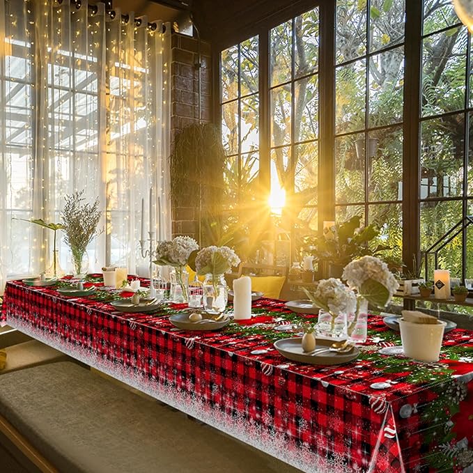 12Pcs Christmas Buffalo Plaid Snowflake Tablecloths,Plastic Red and Black Checkered Rectangle Christmas Tree Color Ball Table Cover for Winter Xmas New Year Holiday Party Decorations,54x108 inch