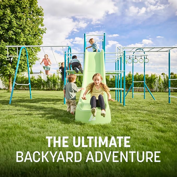 Modular Jungle Gym Set for Kids by ACTIVPLAY, Outdoor Playset, Swing, Slide, Rust Resistant, No Pinch Joints, Adjustable Platforms with Safety Grooves, Heavy Duty Metal Frame