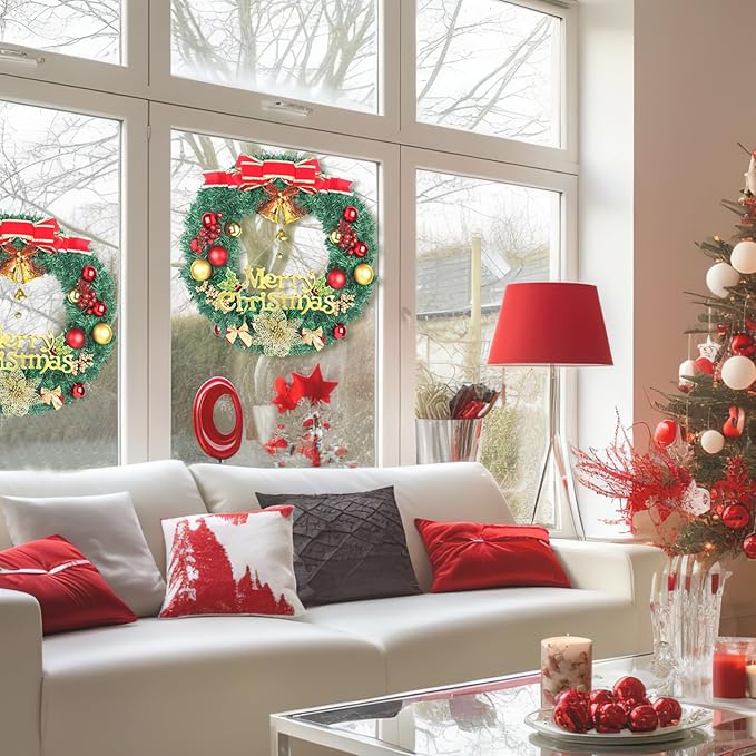 Christmas Wreaths for Front Door, Artificial Christmas Wreath with Bow, Bells, Berries, Gold Flowers and Holiday Decor Sign, Winter Wreaths for Fireplace, Windows, Wall Decor(20 Inches)