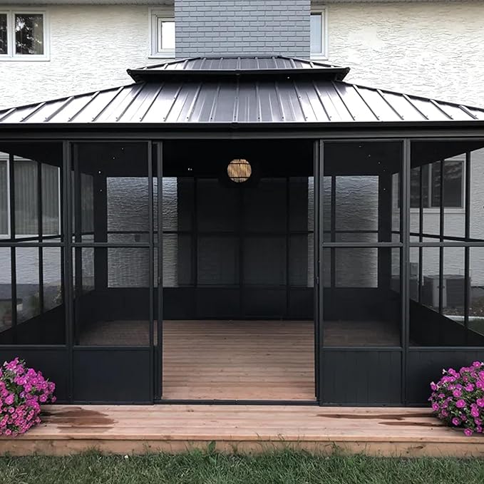 PURPLE LEAF 12' X 16' Solarium Sunroom with Light Permanent Hardtop Gazebo Galvanized Steel Double Roof Aluminum Outdoor Screen House for Lawn Deck Backyard Grey