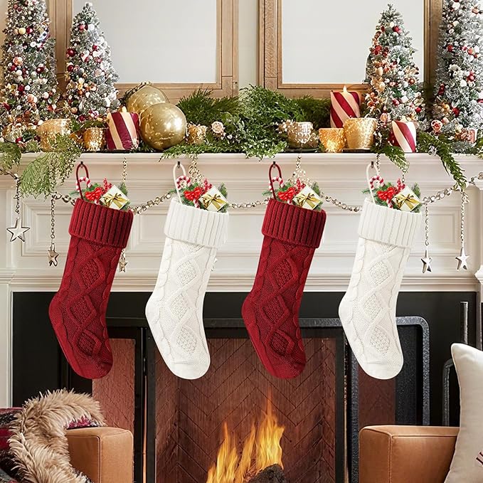 Christmas Stockings 18 Inches,Long Knitted Socks Christmas Decoration Hanging Stocking Fireplace Xmas Tree Stocking for Home Family(2red+2white)
