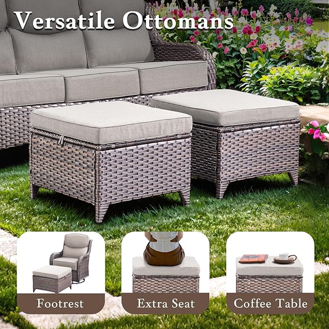 Luxury High Back Outdoor Furniture with 6-inch Extra Thick Cushions, Patio Furniture Set with Swivel Chairs, 8 PCS Wicker Conversation Set for Yard, Deck, Poolside, Brown/Beige