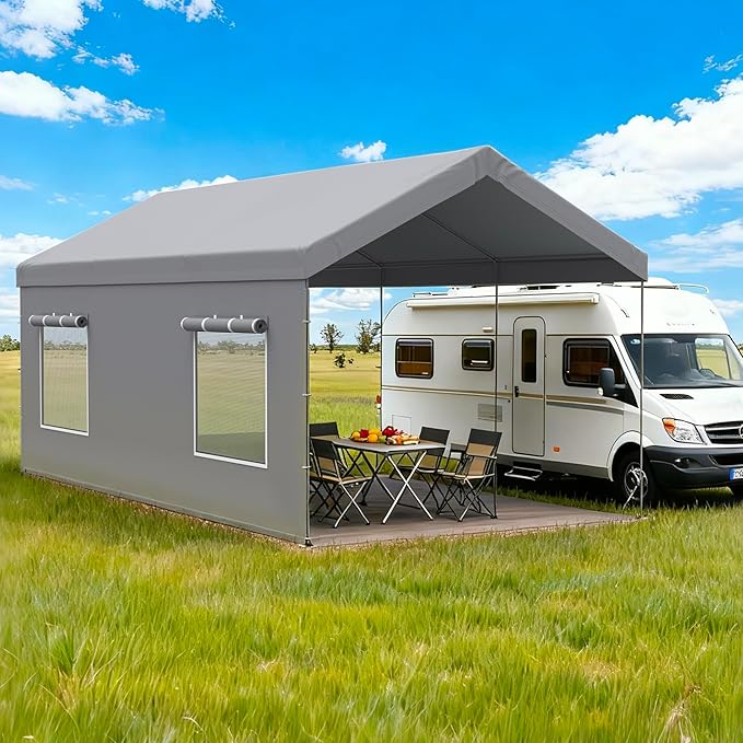 Carport Canopy Replacement Sidewall 20x6.6 FT Fits 10x20, 12x20 FT Carport with Roll-up Windows, Waterproof & UV Protected, Easy Assembly with Ball Bungees, Grey (Sidewalls Only, 2 Pack)