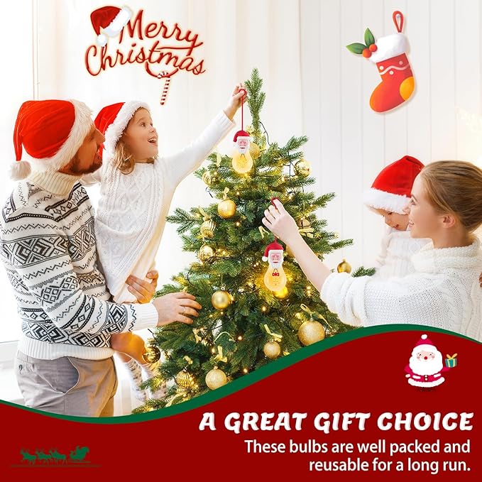 Brightever 2-Pack Lighted Christmas Hanging Ornaments for Christmas Tree Decor, Santa Claus Night Lights USB Rechargeable, Shatterproof A19 LED Bulbs with Bell and Reindeer Filaments for Indoor Decor