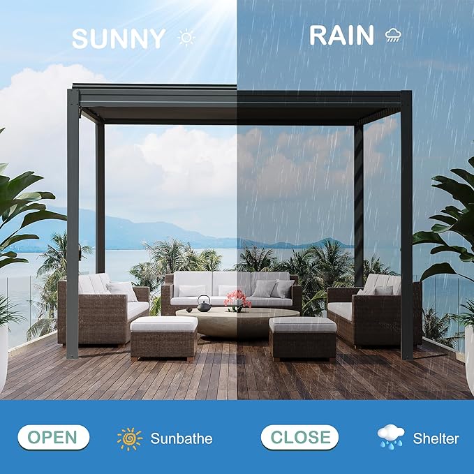 10’ x 10’ Louvered Pergola, Outdoor Pergola Aluminum Frame with Adjustable Rainproof Metal Roof, Permanent Sun Shade with Drainage System for Backyard, Garden and Lawn (Grey)