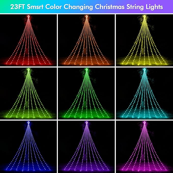 Outdoor Christmas Decorations, 23FT Smart RGB Color Changing Christmas Hanging Waterfall String Lights, APP Remote Control, DIY Multi-Color Lightshow, Music Sync, Outside Xmas Lights Decor
