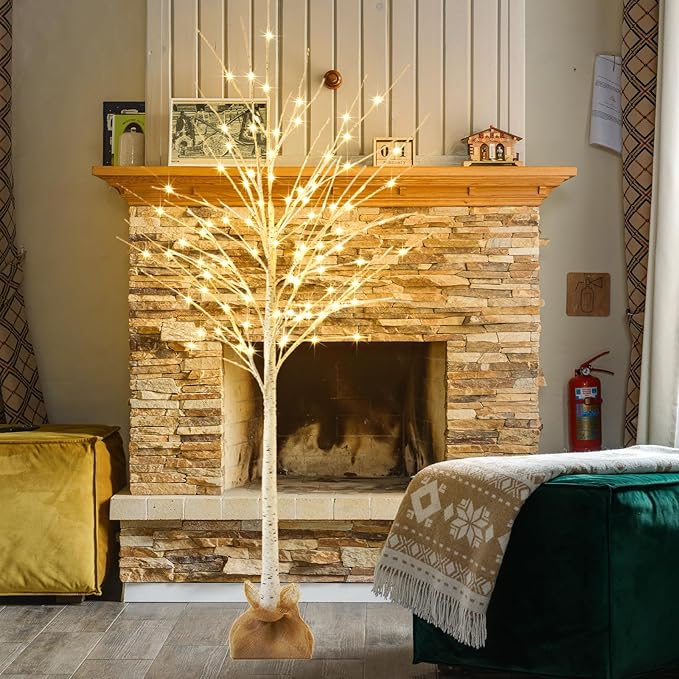 Lighted Brich Tree, 6FT 128 LED Christmas Tree with Burlap Decor, Warm White, IP44 Waterproof, Power Supply by Adaptor, Fireplace Party Wedding Halloween Christmas New Year's Decoration