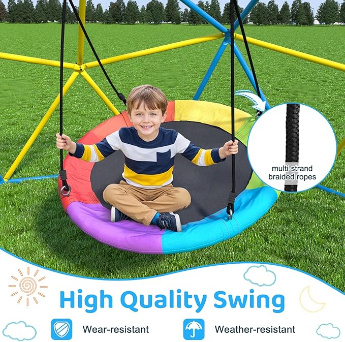 Climbing Dome,10 FT Dome Climber with Rainbow Saucer Swing Outdoor&Indoor Anti-Rust Metal Jungle Gym For Backyard Play Equipment Geometric Dome Toddler Climbing Toys Great Gift for Kids Aged 3 to 8