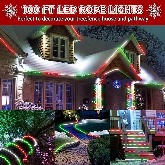 Christmas Rope Lights Outdoor, 100Ft 1200 LED Red White Green String Light, Waterproof Tube Light Plug in 8 Modes Timer Memory, Permanent Christmas Lights for Tree Fence Garden Party Decor