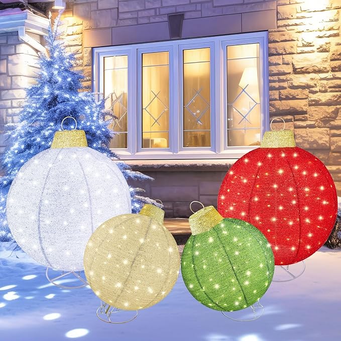 HOYECHI 4-Piece Oversized Christmas Ornament Set โ Lighted Holiday Balls with 400 LEDs, 8 Lighting Modes, Waterproof Outdoor Yard Decorations - Red/Green/White/Yellow