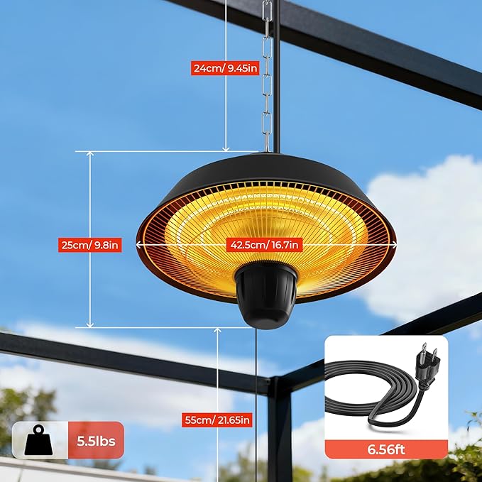 Ceiling Heater for Outdoor Use, 1500W 3Modes Infrared Heaters Outdoor IP55 Waterproof, Electric Hanging Heater for Garage, Patio, Garden. Black