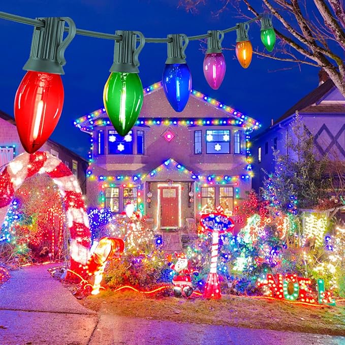 C7 LED Christmas String Lights,25Ft Multicolor Outdoor Lights with 27 Energy-Efficient,Waterproof Clear Bulbs for Indoor/Outdoor Holiday & Party Decor
