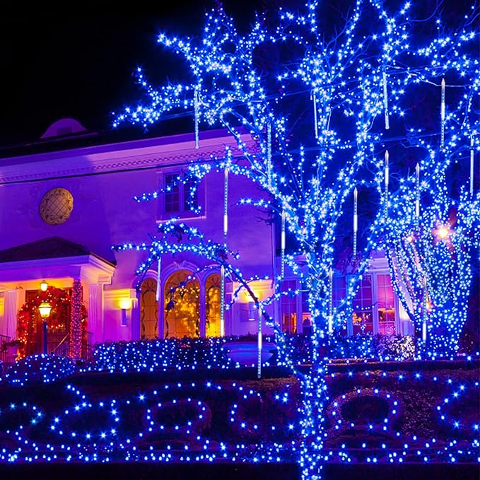 LJLNION Meteor Shower Lights, 12 Inch Outdoor Icicles Christmas Lights, 8 Tubes 288 LED Iciclelights Snow Falling Light, Connectable Raindrop Light, Xmas Wedding Party Tree Holiday Decor, Blue