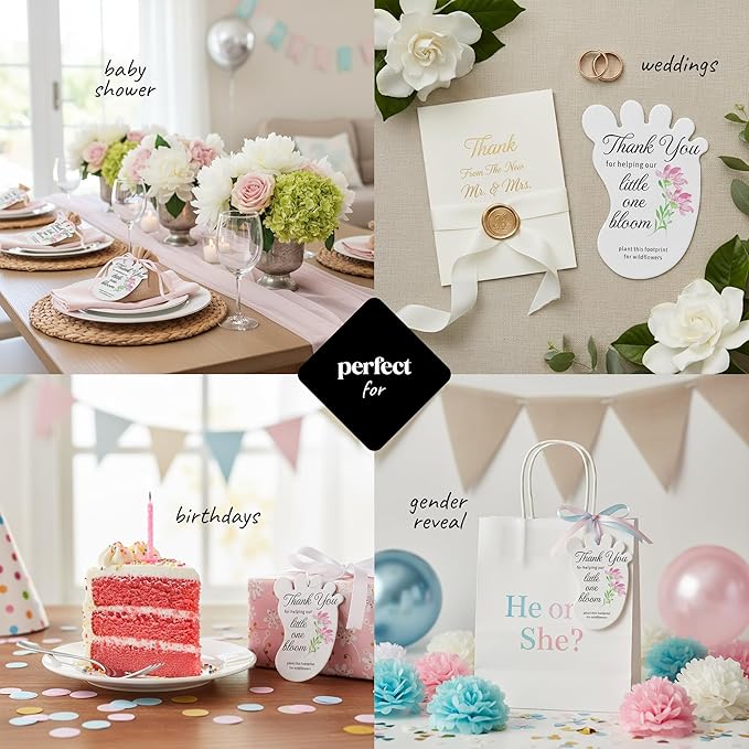 Baby Footprint Seed Paper – 24 pcs Pink Baby Shower Favors for Guests with Wildflower Seeds, Writable & Plantable, Gender Reveal, Birthday Gifts for Guest