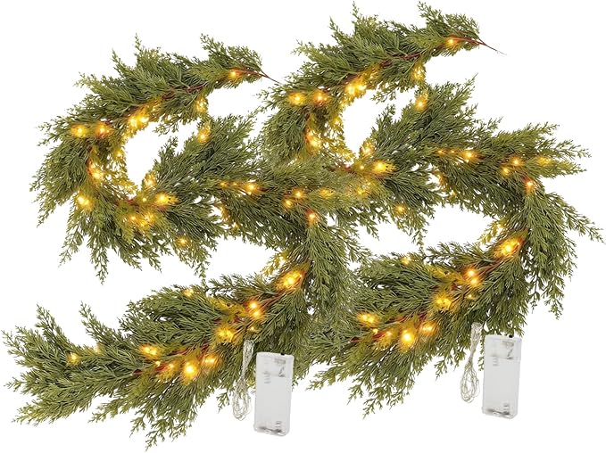 Christmas Cedar Garland with Light Mantle Decor 6ft Realistic Lighted Faux Pine Garlands for Home Decoration Indoor Stairs Railing Fireplace Outdoor 2pcs