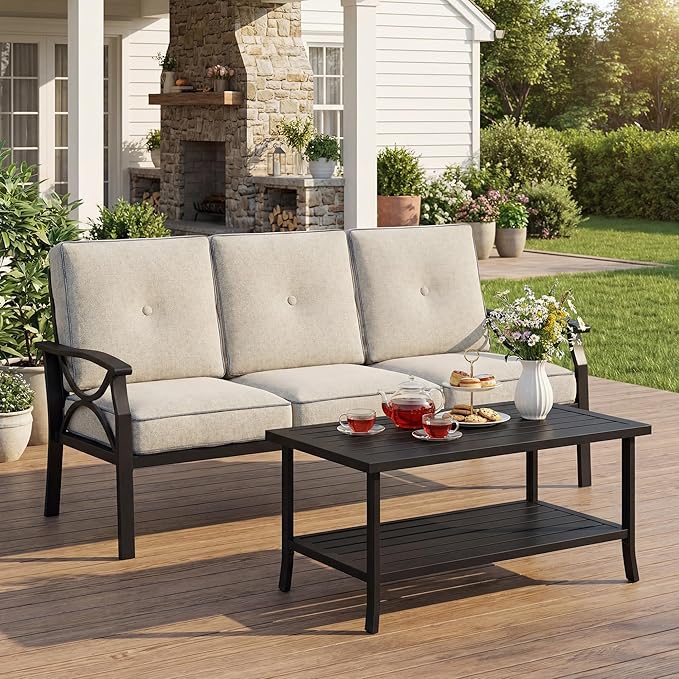 3 Seats Outdoor Patio Furniture Set, Outdoor Metal Sectional Furniture with Cushions, Outdoor Conversation Set with Coffee Table for Deck, Balcony, Backyard, Garden, Black