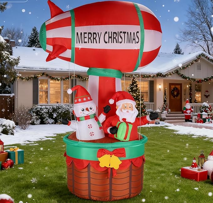 10FT Christmas Inflatables Santa Claus Outdoor Decorations, Christmas Blow Ups Airship Snowman, Inflatable Yard Decor with Built-in LED Lights for Xmas Garden Lawn Party