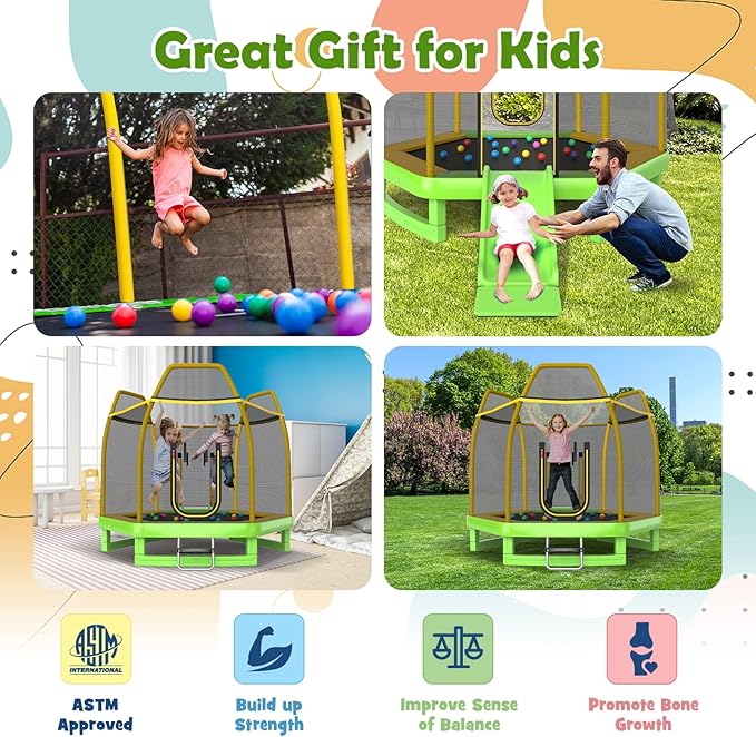 GYMAX Trampoline for Kids, ASTM Approved 7FT Trampoline with Slide, Ladder, Ocean Balls & Mats, Small Indoor/Outdoor Toddler Recreational Trampoline with Enclosure Net, Backyard Trampoline