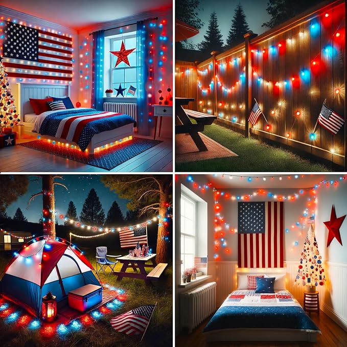 4th of July Lights, 200 LED 66ft Red White and Blue Patriotic String Lights Plug-in, 8 Modes &Timer Waterproof for Outdoor Indoor Independence Day, Memorial Day, Holiday Decor