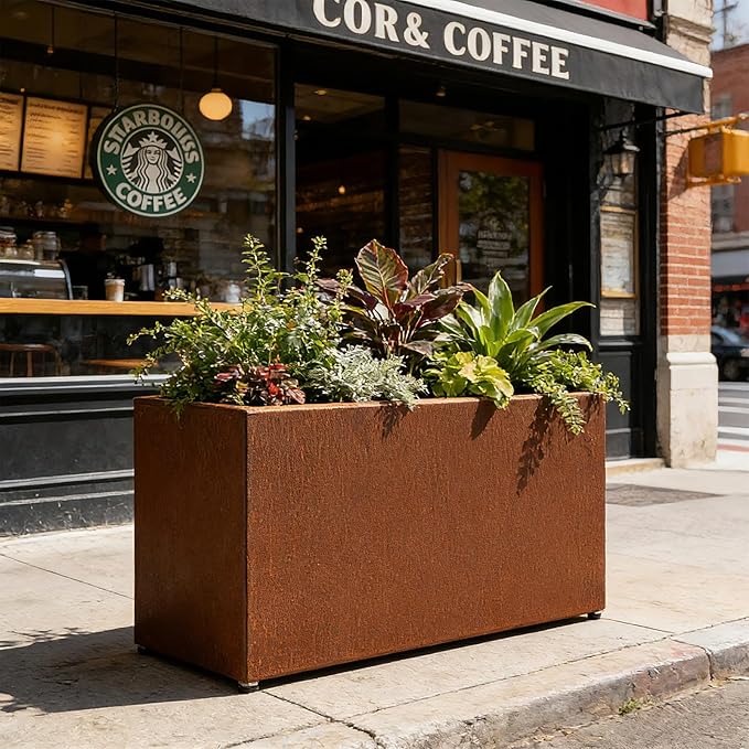 Corten Steel Long Box Planter for Outdoor Porch/Patio,Large Rectangular Corten Steel Planter, Metal Rusted Planters,Naturally Rusting Steel Flower Pot,Rustic Décor for Tall Trees, Shrubs