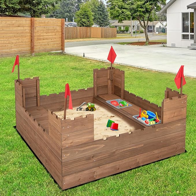 Costzon Kids Sandbox, Cedar Wood 45 x 45 Sand Pit w/Built-in Bench Seats, Storage Boxes, Flags & Protective Bottom Liner, Outdoor Sand Box for Kids Age 3+ for Backyard Garden Beach