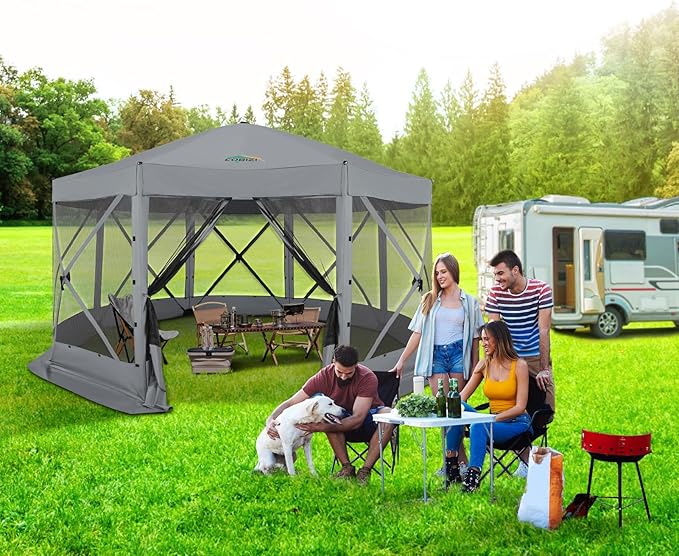 COBIZI 15x15ft Extra Large Pop-Up Gazebo Canopy Tent with Mosquito Netting, Spacious Easy Set-Up Screened Shelter, Durable Outdoor Pavilion with Ground Stakes, Perfect for Patio, Backyard,Gray