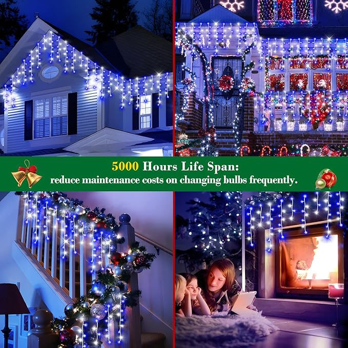 XURISEN 66ft Christmas Lights Decorations Outdoor, 640 LED 8 Modes Curtain Fairy Lights with 120 Drops,Plug in Waterproof Timer Memory Function for Christmas Holiday Wedding Party Decor(Blue+Cool)