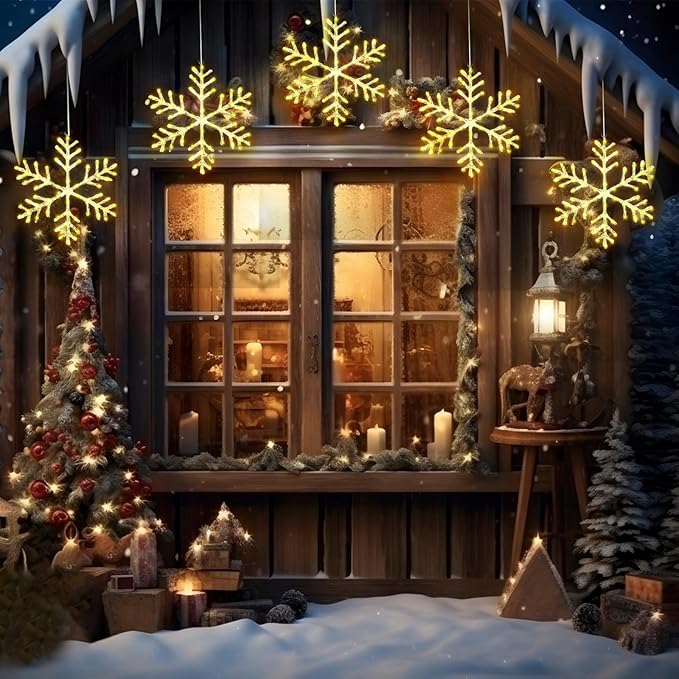 Christmas Decorations, 2 Pack Christmas Window Lights Snowflake Decorations, Snowflake Lights with 8 Lighting Modes for Holiday Indoor and Outdoor Wall Door Glass Decoration(Warm White)