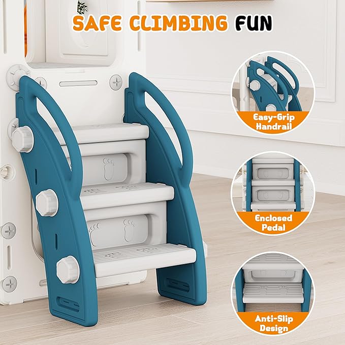 8 in 1 Toddler Slide, Outdoor Indoor Playset for Kids Baby Age 1 2 3, Childs Climber Slide with Storage Space and Non-Slip Steps, Basketball Hoopa and Telescope, Yellow & Green