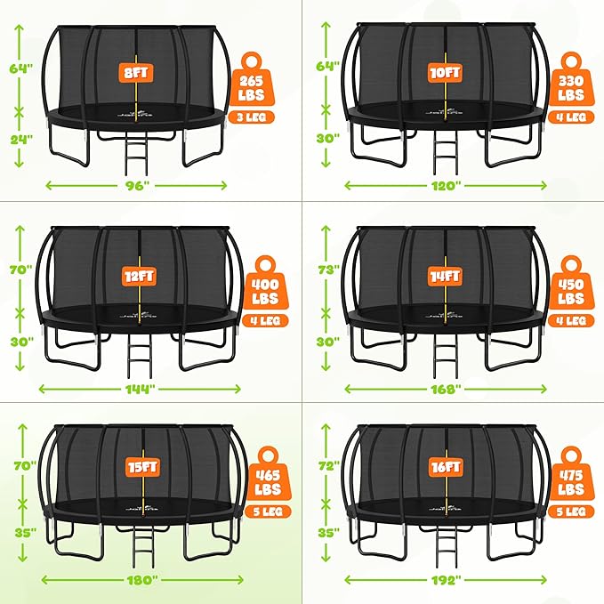 Trampoline 8FT 10FT 12FT 14FT 15FT 16FT, Recreational Trampolines with Enclosure Net and Ladder, Outdoor Anti-Rust Trampolines for Kids and Adults, ASTM Approved