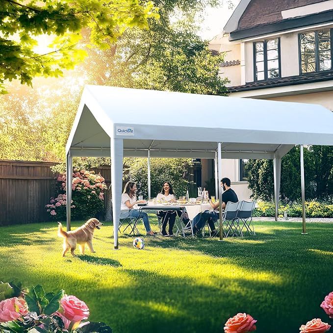 Quictent Heavy Duty 12x20 ft Carports with Side Zipper Doors & Snowproof Steel Cables & Ventilated Windows, Waterproof Storage Shelter for Car, Boat, RV, Outdoor Equipment, White