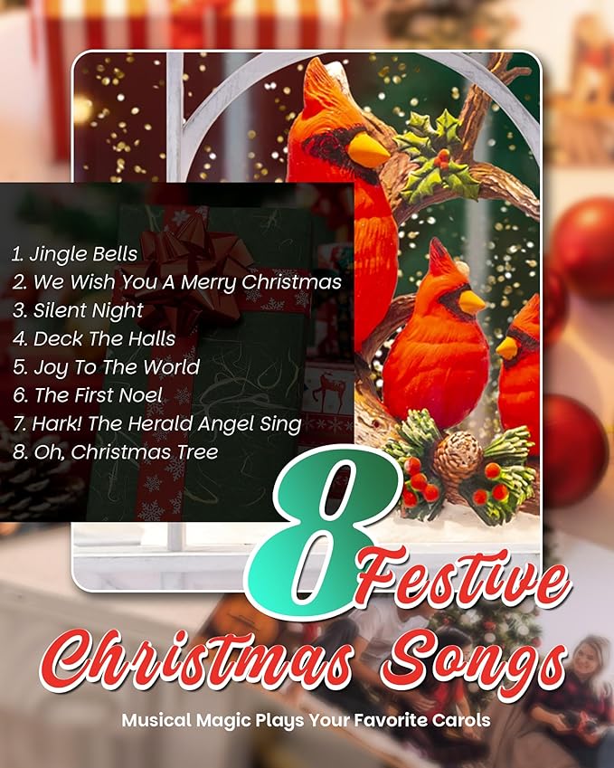 Christmas Cardinal Snow Globe Light up Lantern with 8 Songs, 9.84" White Christmas Snow Globes for Kids Adults, 6H Timer & Dual Power, Snowglobes Christmas Decorations Indoor, Gifts for Women Men