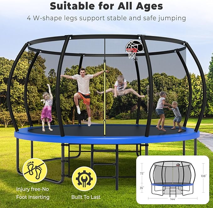 Lyromix 12 14 15 16FT Outdoor Trampolines for Kids and Adults, Pumpkin Trampolin with Curved Poles, Recreational Trampolin with Basketball Hoop and Safety Enclosure Net for Kids and Adults