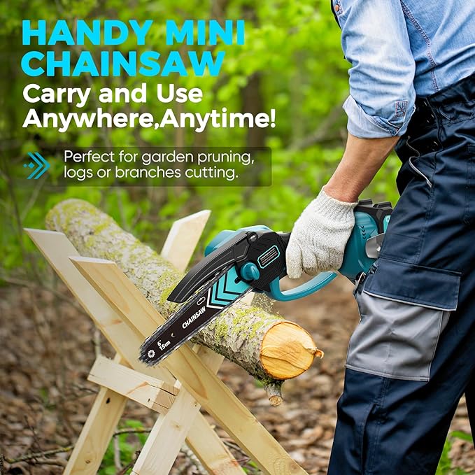 Chainsaw 6-Inch 1 Pack 2000mAh Battery Hand Mini Chain Saw Birthday Christmas Gifts for Men Portable Cordless for Wood Cutting Tree Trimming Projects Gardening Tools (Blue-1 Battery)