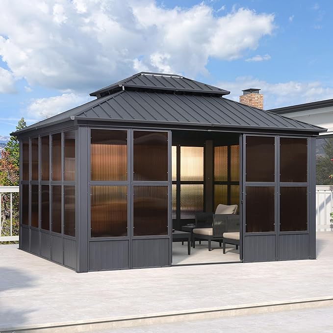 PURPLE LEAF 12' X 14' Solarium Sunroom Permanent Hardtop Gazebo Galvanized Steel Double Roof Aluminum Outdoor Screen House for Lawn Deck Backyard Grey