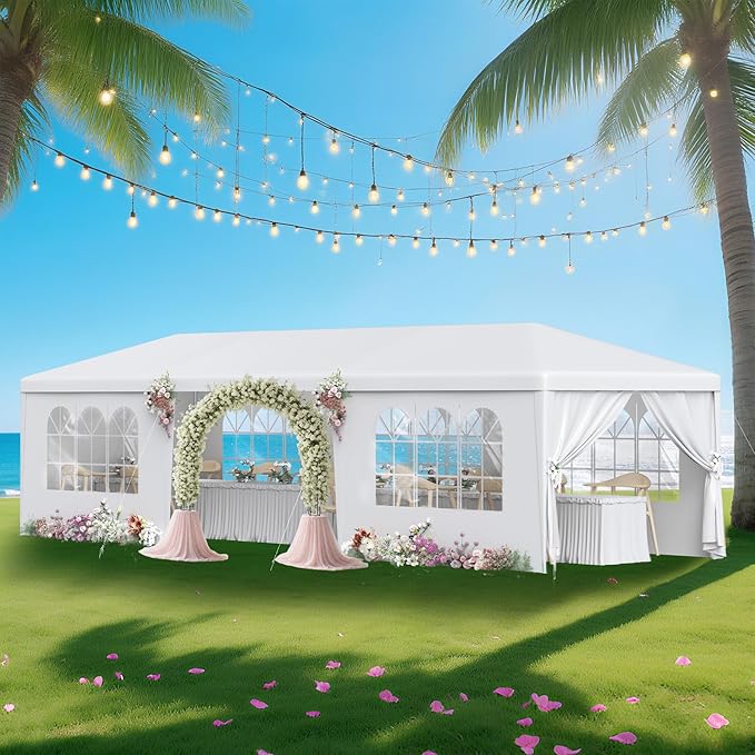 2025 Upgraded 10x30 Party Tent, Outdoor Tents for Parties, Wedding, Birthday, Large Canopy Tent with 8 Sidewalls and Transparent Windows, White Event Gazebo Tents for Backyard, Garden, Patio