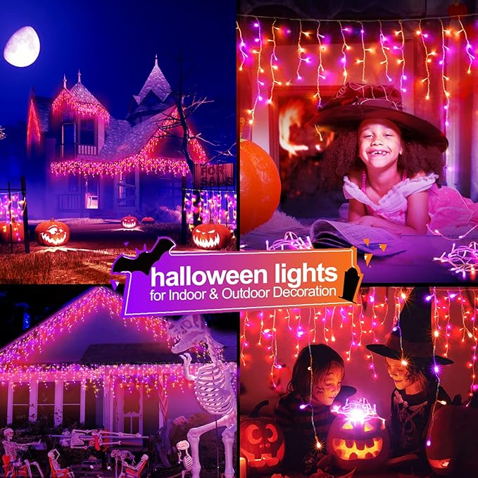 480 LED 49FT Halloween Lights Plug in 12 Modes with Timer Dimmable Halloween Decorations Outdoor Waterproof Indoor Window String Lights for Roof Porch Garden Holiday Wedding Party Decor Orange+Purple