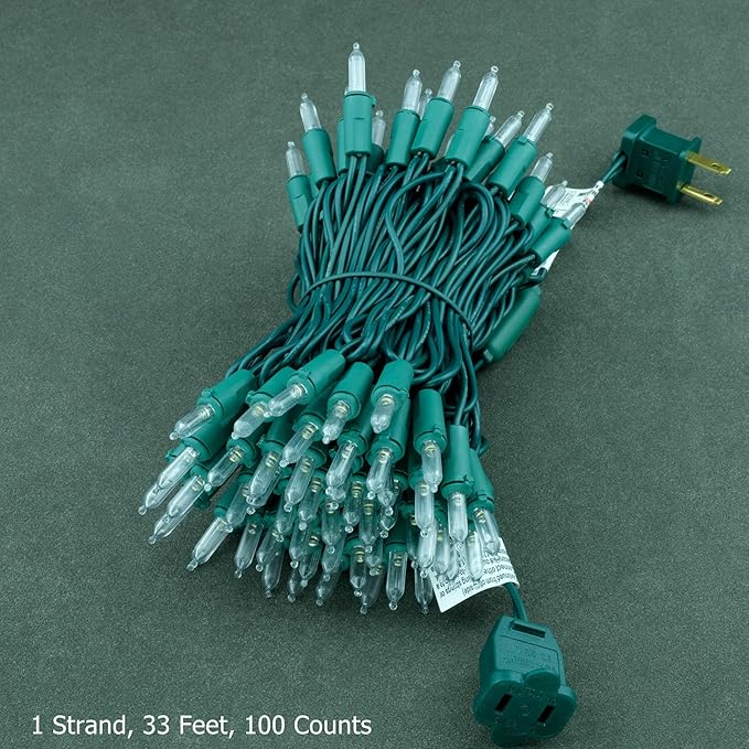 YULETIME Warm White LED Christmas Lights with Green Wire, 33 ft 100 Count UL Certified Commercial Grade Holiday String Light Set (Warm White - Green Wire)