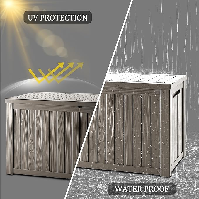 TARKARI 270 Gallon Lockable Resin Deck Box, Waterproof & UV-Resistant Outdoor Storage Box for Outdoor Cushion Storage, Garden Tools & Pool Accessories Storage, Gray