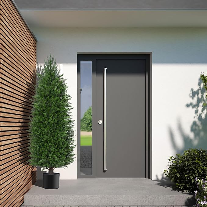 4FT Artificial Topiary Cedar Plants Outdoor, Faux Pine Trees UV Resistant and Potted, 48 Inch Tall Fake Shrubs Evergreen for Front Porch Decor Set of 2