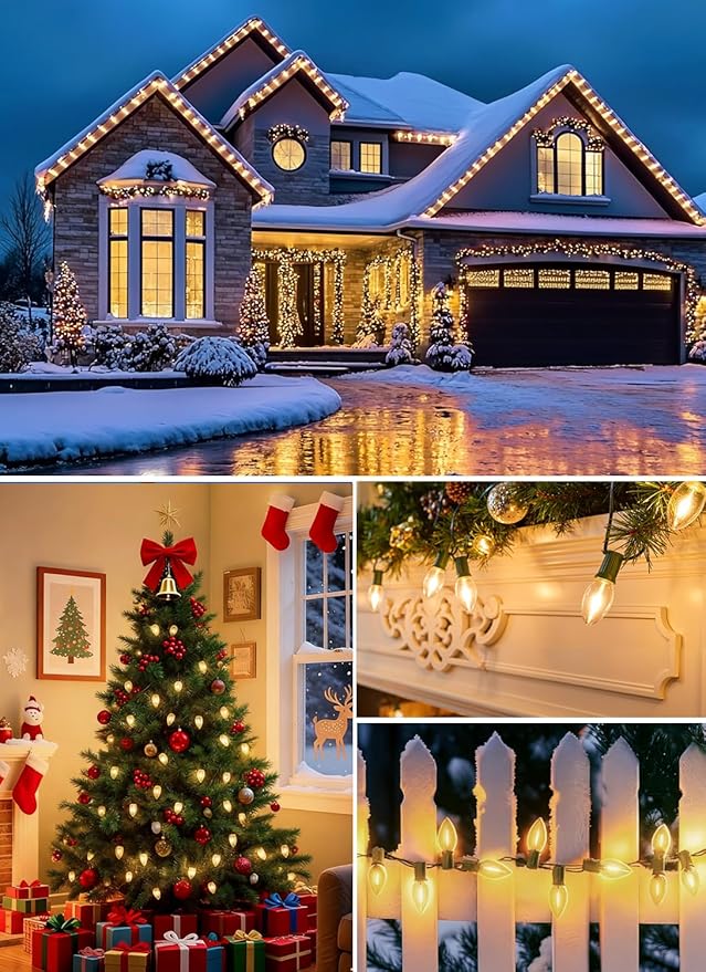 C9 LED Christmas String Lights Outdoor, 100FT 100+4 LED 2700K Warm White Waterproof C9 String Lights, Plug-in Extendable Green Wire Lights for Roofline Patio Backyard Party Xmas Decoration