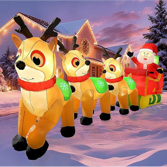 12FT Christmas Inflatables Outdoor Decorations, Santa Claus on Sleigh with 3 Reindeers,Reindeers Pulling Santa's Sleigh with Gift Boxes, Built in LED Lights for Christmas Party Decor, Yard,Garden Lawn