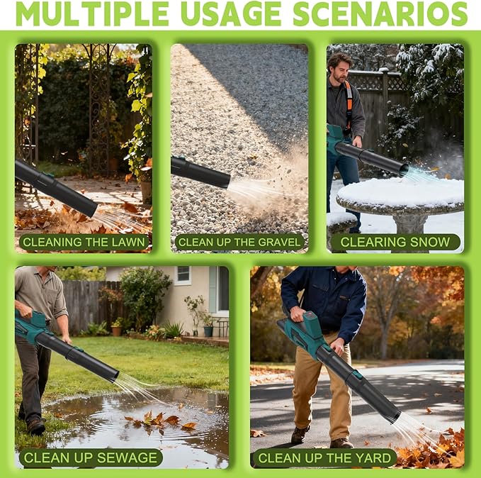 Leaf Blower Cordless Brushless with 6Ah Battery*2 and Charger, Strap, 21V Quiet 6-Speed Electric Leaf Blower with Display for Lawn Care, Leaves & Snow(Blue)
