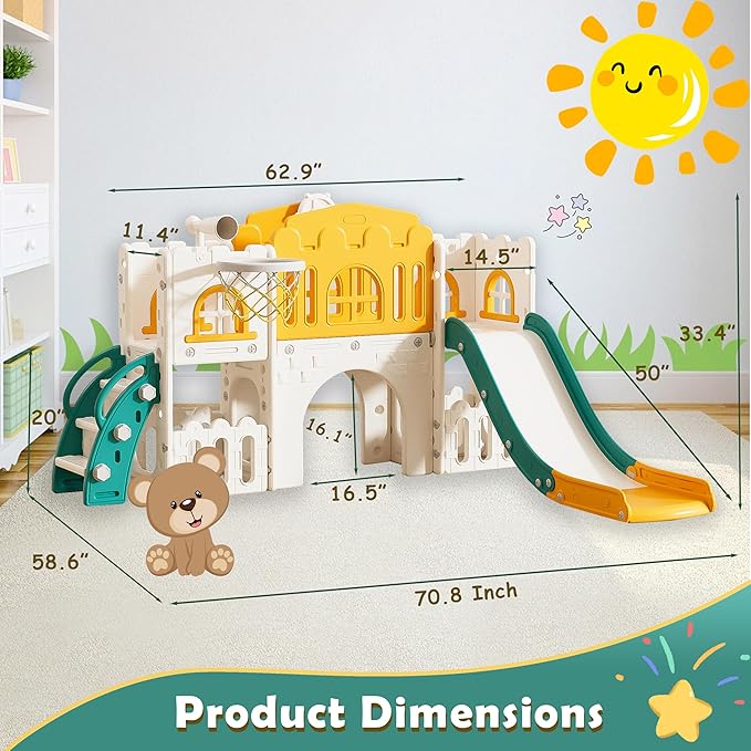 7 in 1 Toddler Slide,Kids Climber Slide with Storage Space and Non-Slip Steps, Toddler Playset with Basketball Hoopa and Telescope, Indoor Outdoor Playground for Toddlers