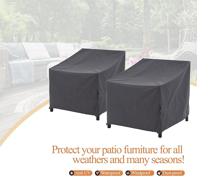 WJ-X3 Patio Chair Cover, Outdoor Lounge Cover, Heavy Duty, Waterproof Lawn Chair Covers, 43W x 42D x 42H, Grey, 2-Pack