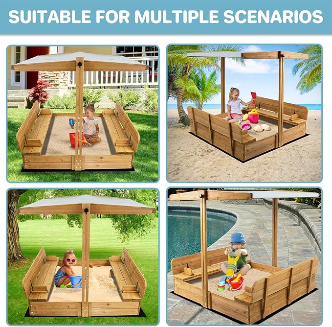Kids Sand Box with Cover£¬Wooden Outdoor Sandbox with Lid£¬Foldable Bench Seat/Adjustable Canopy£¬UV-Protection &Natural Wood£¬Sand Box for Kids Ages 2-8£¨47x47in£©