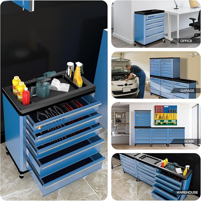 LARBANKE 5-Drawer Rolling Tool Chest with 360¡Æ Wheels and Lock&Keys,Tool Cabinet with Non-slip Pearl Cotton Mat and Multifunctional Countertop,Connecting Rods Can Be Connected with 7-Drawer Tool Chest