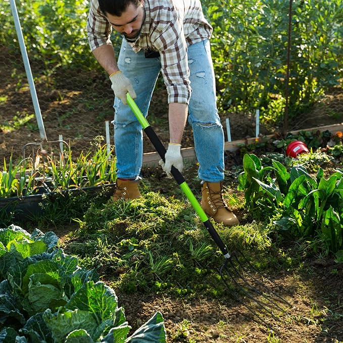 Pitch Fork-57 Inch£¬5-Tine Steel Garden Fork Heavy Duty, Mulch with Cushion Grip, Green Fiberglass Handle